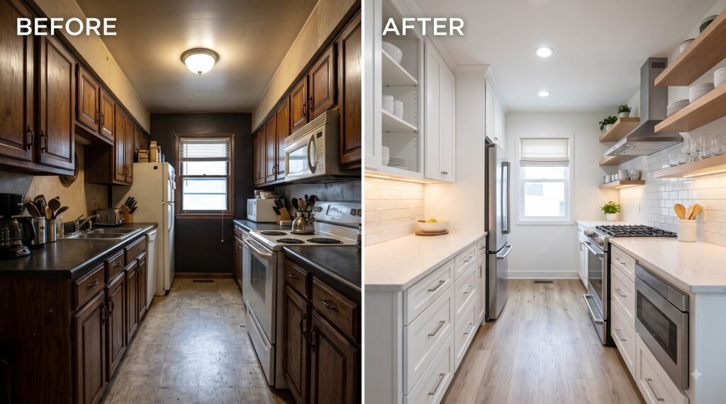 Before and after comparison of a galley kitchen renovation showing dramatic transformation