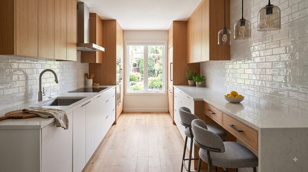 Galley kitchen with a built-in seating ledge and stools at the end of the counter for casual dining