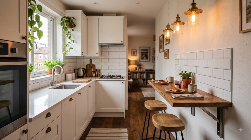 Galley kitchen with a fold-down breakfast counter and bar stools for casual dining