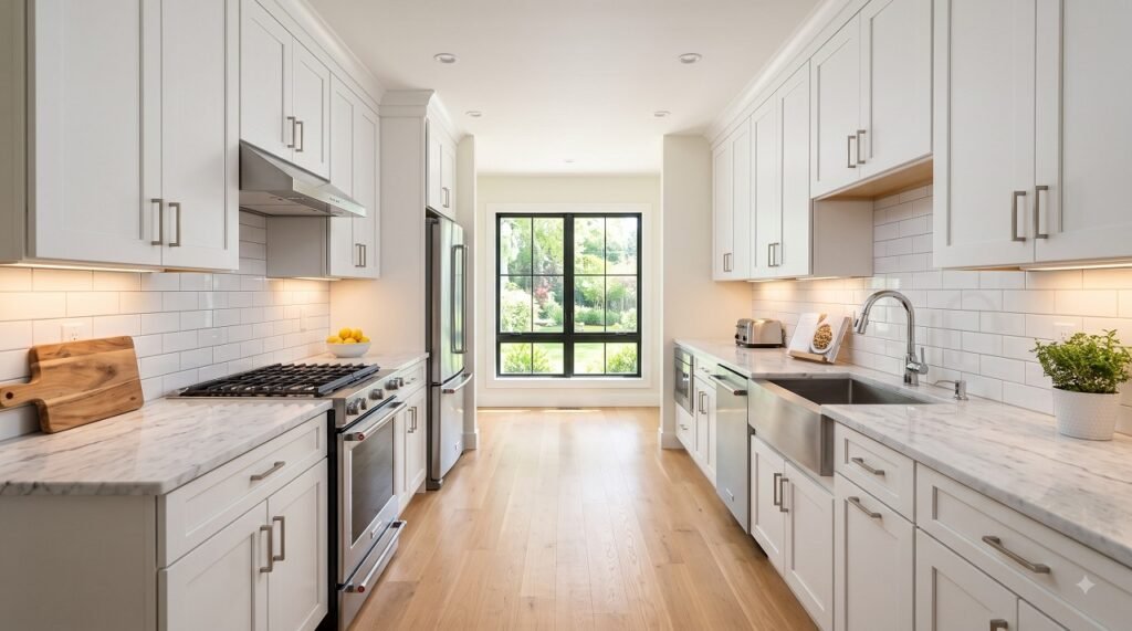 Modern galley kitchen with white cabinets and stainless steel appliances showing a parallel layout with clear walkway
