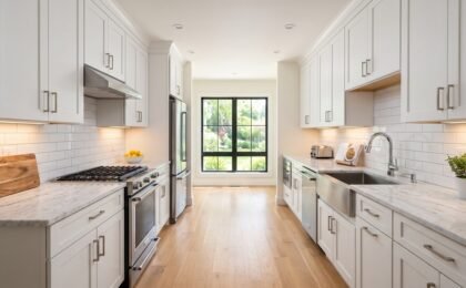 Modern galley kitchen with white cabinets and stainless steel appliances showing a parallel layout with clear walkway