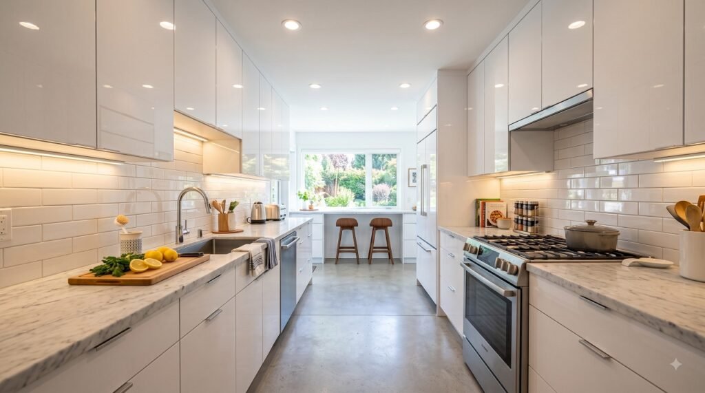 Galley kitchen with layered lighting and reflective glossy backsplash creating an open feel