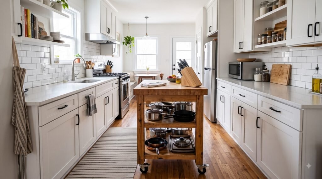 Galley kitchen with a rolling butcher-block cart providing flexible prep space and storage
