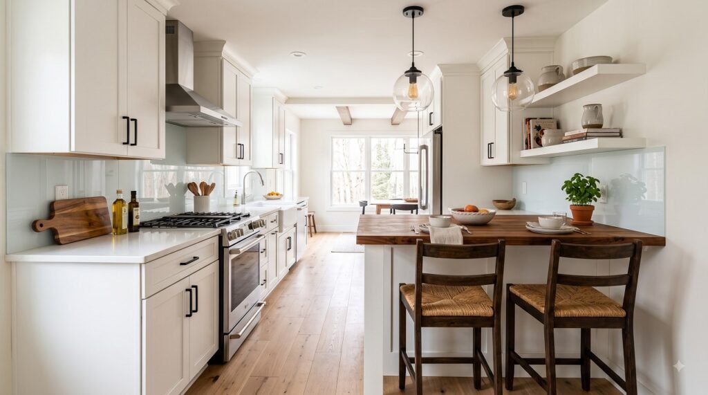 Galley kitchen with a slim peninsula and bar seating extending from the main counter