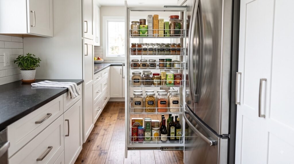 Tall pull-out pantry fully extended in a galley kitchen showing organized spice and dry goods storage