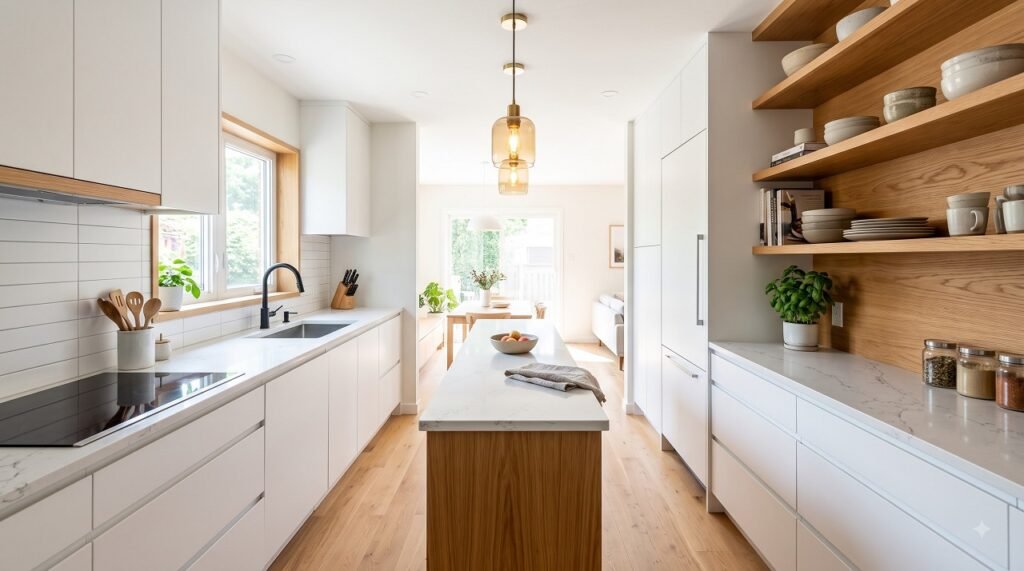 Narrow galley kitchen with a slim island in the center showing clear walkways on both sides
