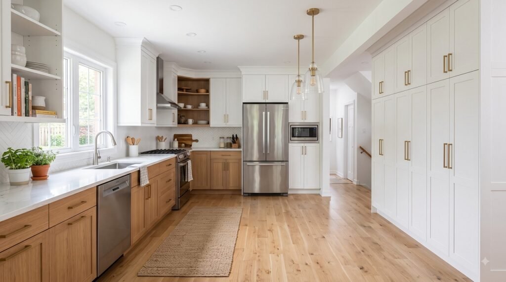 L-shaped galley kitchen hybrid layout with two-tone cabinets extending into an L at the end