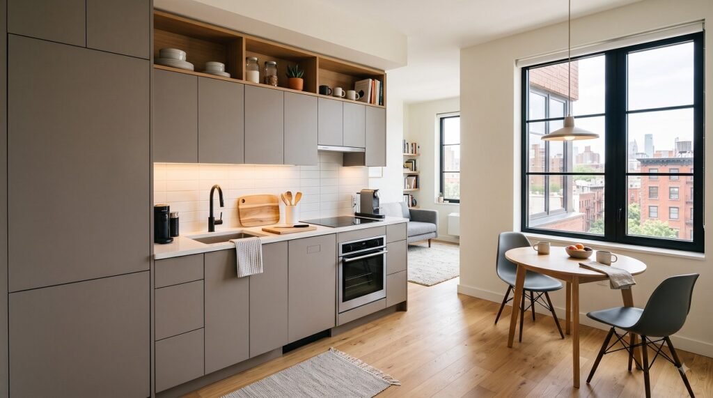 Single-wall galley kitchen in a studio apartment with open shelving and compact dining area