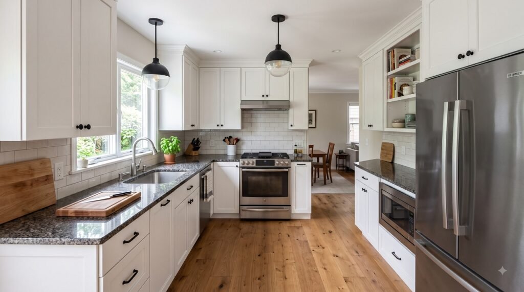 Small U-shaped galley kitchen with short legs on each end and clear center walkway