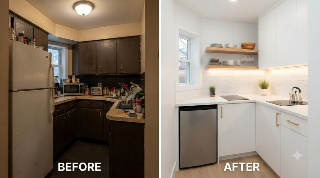 Before and after comparison of a 5x5 kitchen renovation showing improved workflow and storage