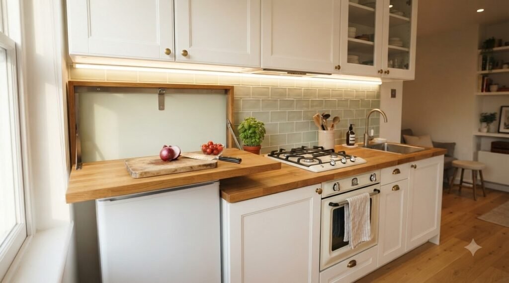 Fold-down wooden prep counter in a 5x5 kitchenette providing extra workspace that tucks away