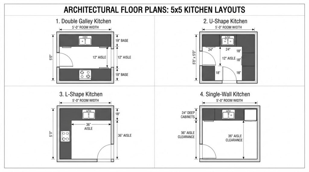 Diagram showing why double galley and U-shaped layouts do not fit a 5x5 kitchen while L-shaped and single-wall do