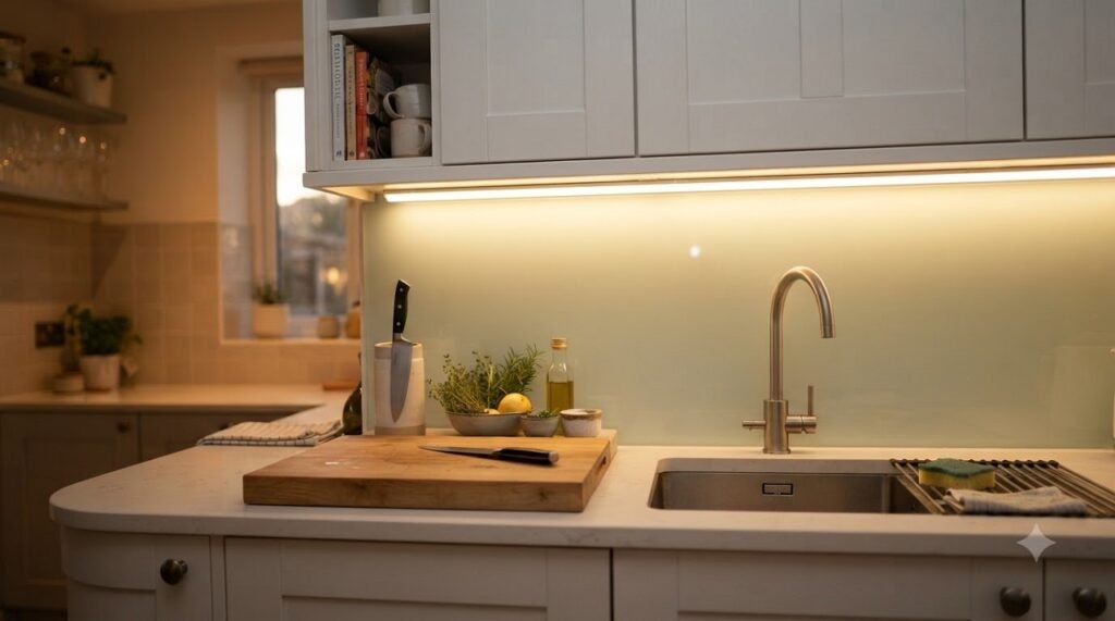 Under-cabinet LED strip lighting illuminating the prep counter in a small 5x5 kitchen
