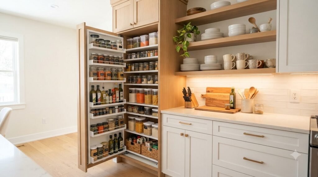 Floor-to-ceiling cabinets and pull-out pantry maximising vertical storage in a 5x5 kitchen
