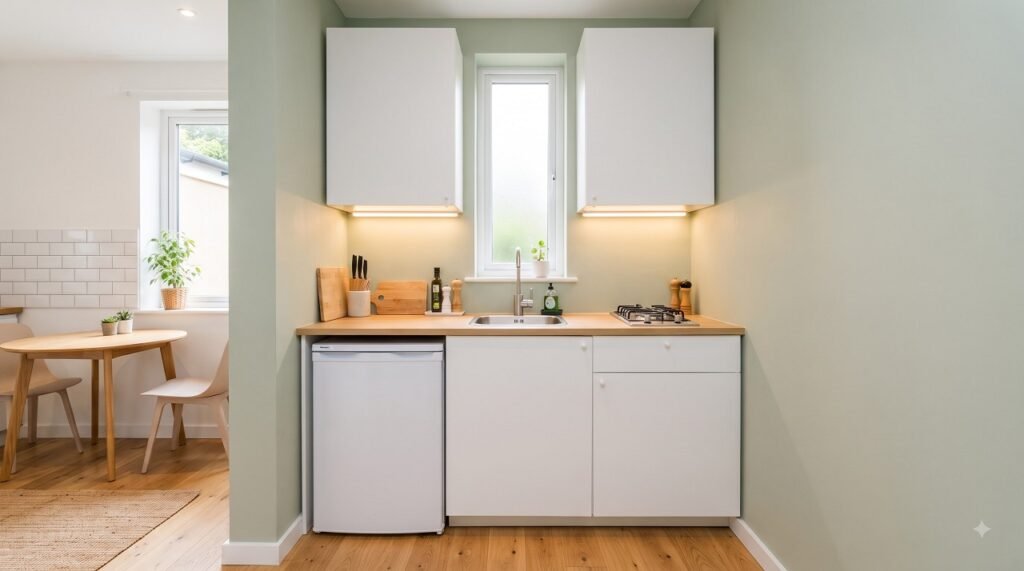 Compact 5x5 kitchenette with single-wall layout showing under-counter fridge, sink, and two-burner hob