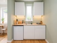 Compact 5x5 kitchenette with single-wall layout showing under-counter fridge, sink, and two-burner hob