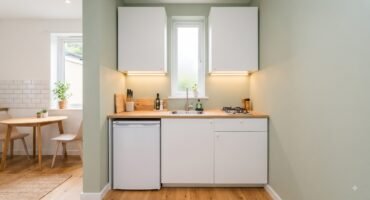 Compact 5x5 kitchenette with single-wall layout showing under-counter fridge, sink, and two-burner hob