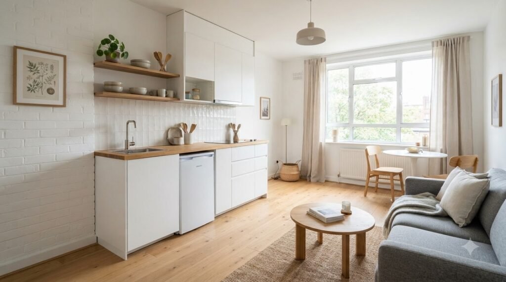 5x5 kitchenette integrated into a studio apartment with continuous flooring and single-wall layout