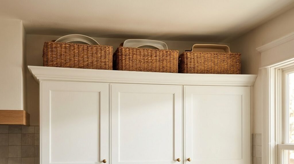 Matching woven baskets on top of kitchen cabinets turning dead space above cabinets into storage