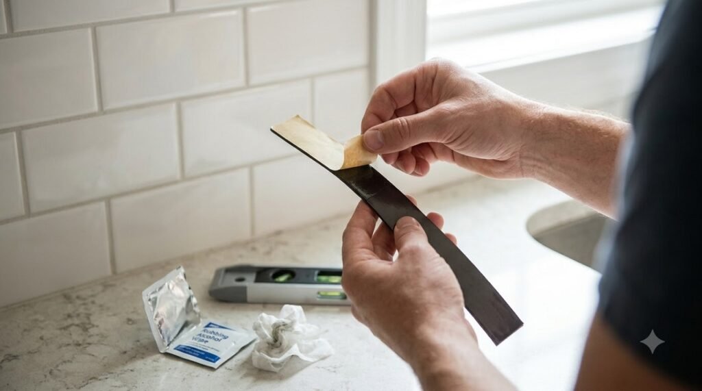 Adhesive magnetic strip being installed on a kitchen backsplash with cleaning wipe and level