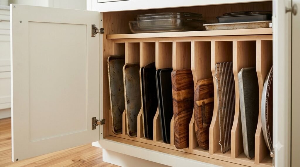Vertical divider inside a kitchen cabinet storing baking sheets and trays on their edges