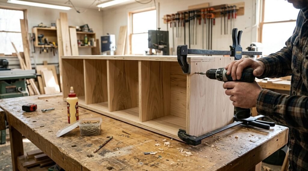 Building the wooden frame for a narrow pull-out pantry on a workbench