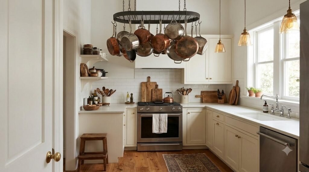 Ceiling-mounted pot rack in a small kitchen holding pans and skillets for vertical storage