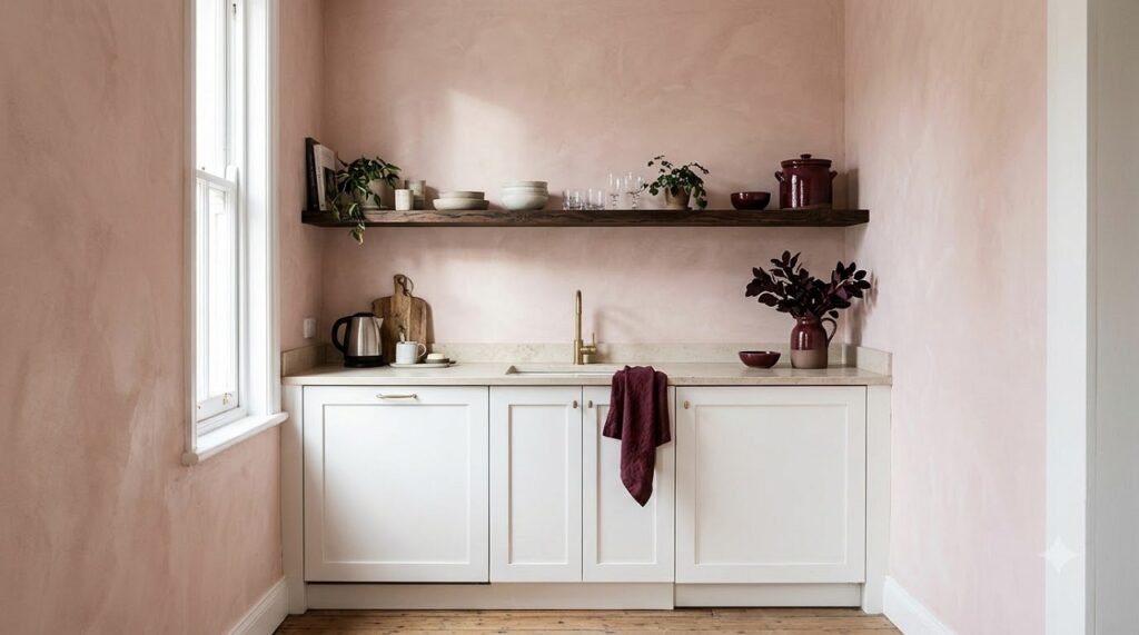 Small kitchen with chalky plaster pink walls that reflect light and soften hard surfaces