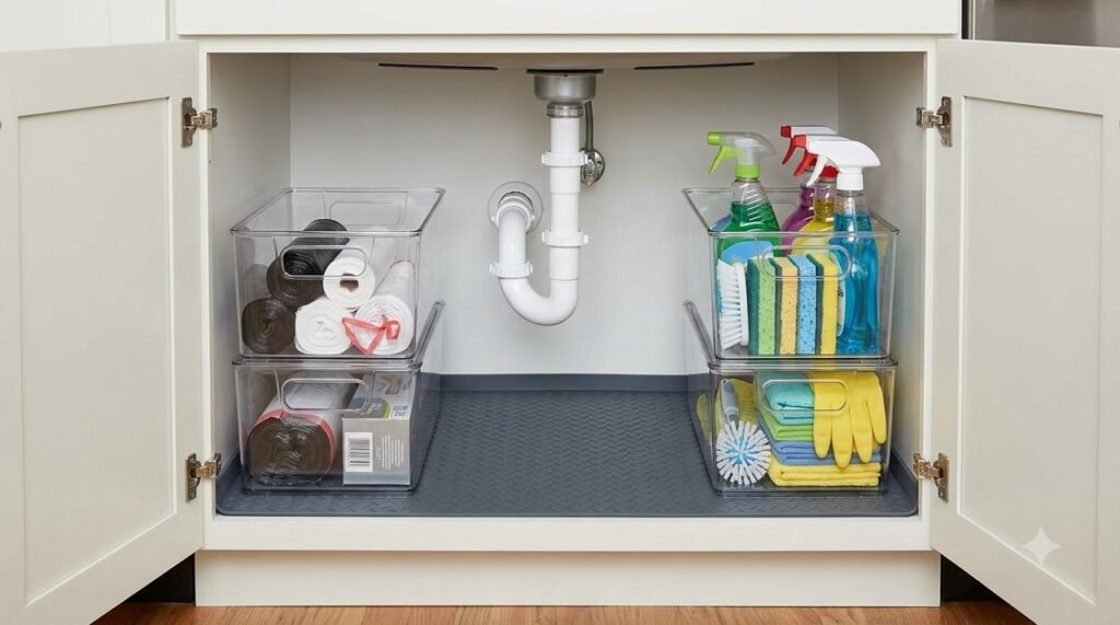 Clear stackable bins organizing items under a kitchen sink while leaving the P-trap clear