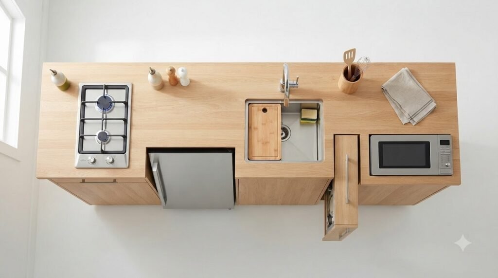 Compact appliances sized for a 5x5 kitchen including domino hob, under-counter fridge, and single-bowl sink