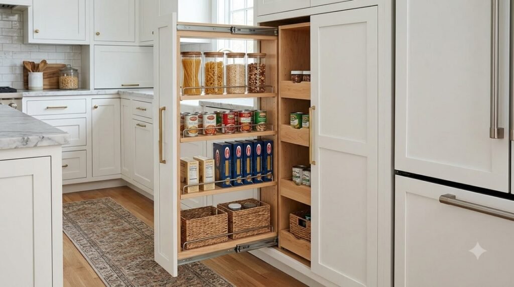 Completed pull-out pantry fully extended showing neatly organized glass jars and canned goods