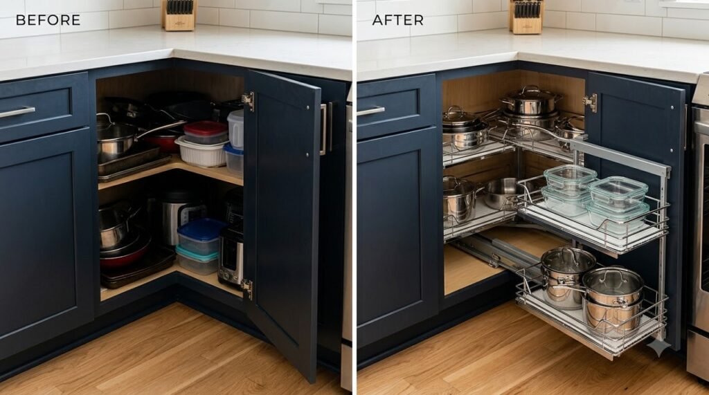 Before and after comparison of a blind corner kitchen cabinet with a Magic Corner installed