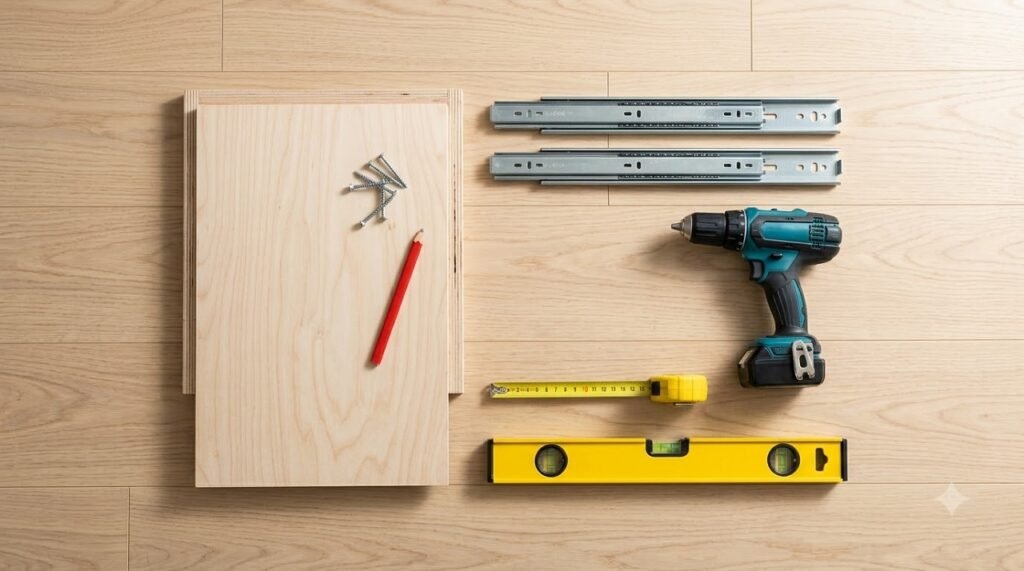 Materials needed to build a DIY pull-out pantry including plywood, heavy-duty slides, and tools