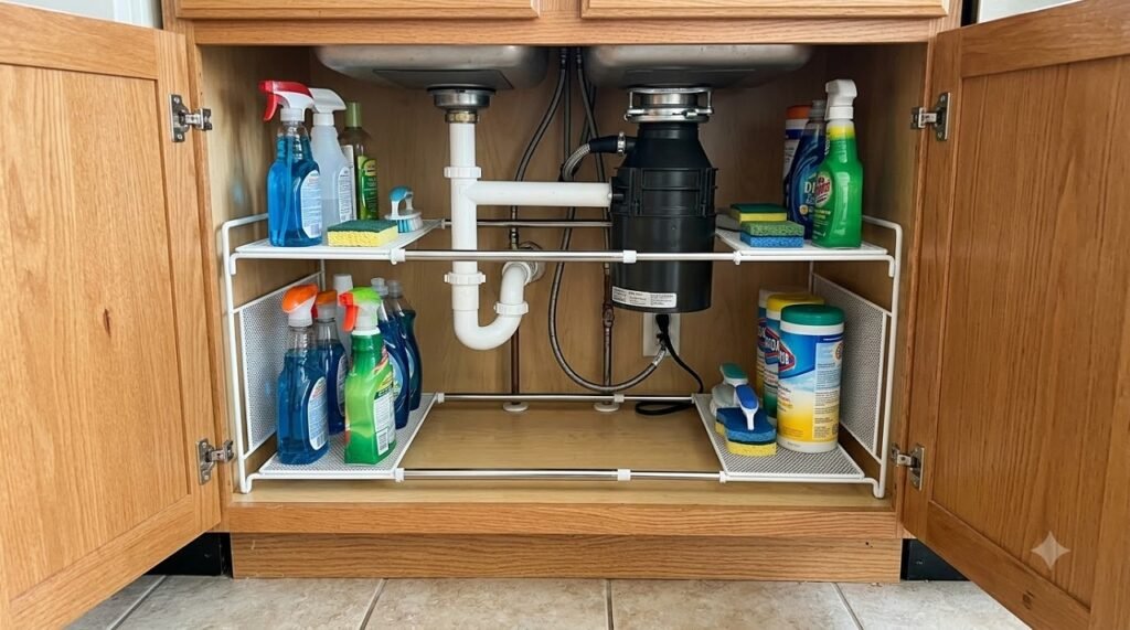 Expandable two-tier wire shelf placed under a kitchen sink to avoid the garbage disposal