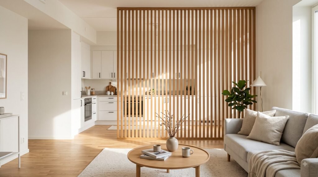 Studio apartment with a slatted wooden screen partition separating the kitchen from the living area