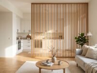 Studio apartment with a slatted wooden screen partition separating the kitchen from the living area