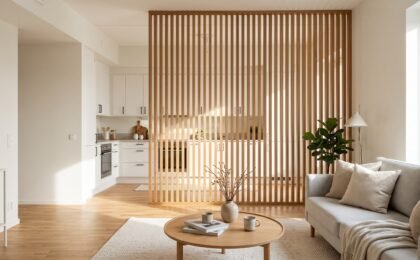 Studio apartment with a slatted wooden screen partition separating the kitchen from the living area