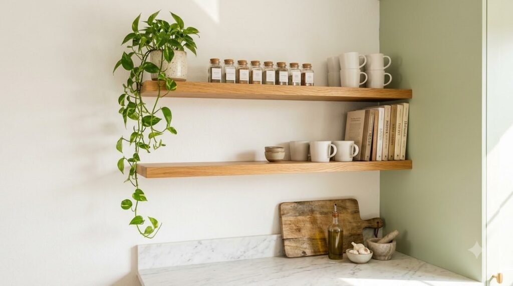 Floating wooden shelves above a kitchen counter holding mugs, spice jars, and plants for vertical storage
