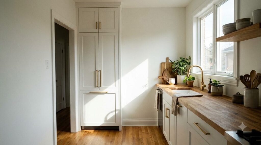 Floor-to-ceiling tall kitchen cabinet maximizing vertical storage in a small kitchen