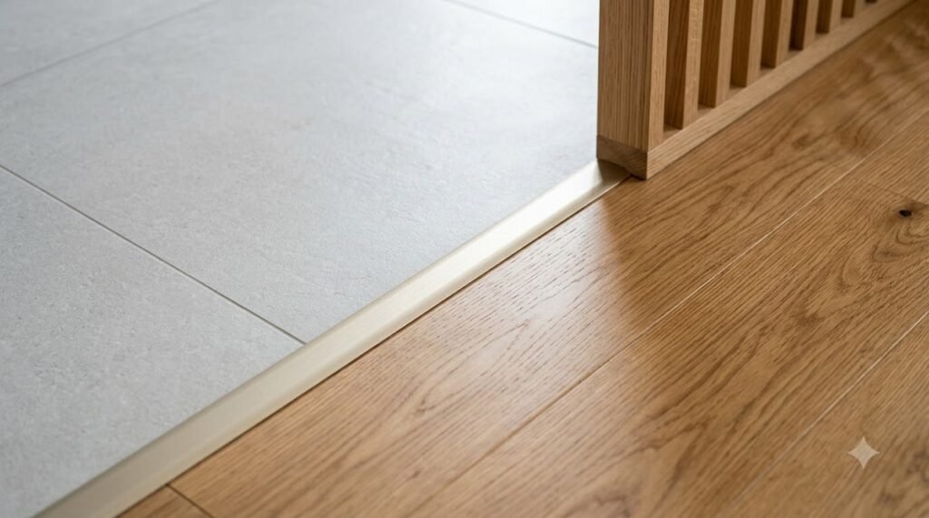 Flooring transition strip where kitchen tile meets living area wood at a studio apartment kitchen divider