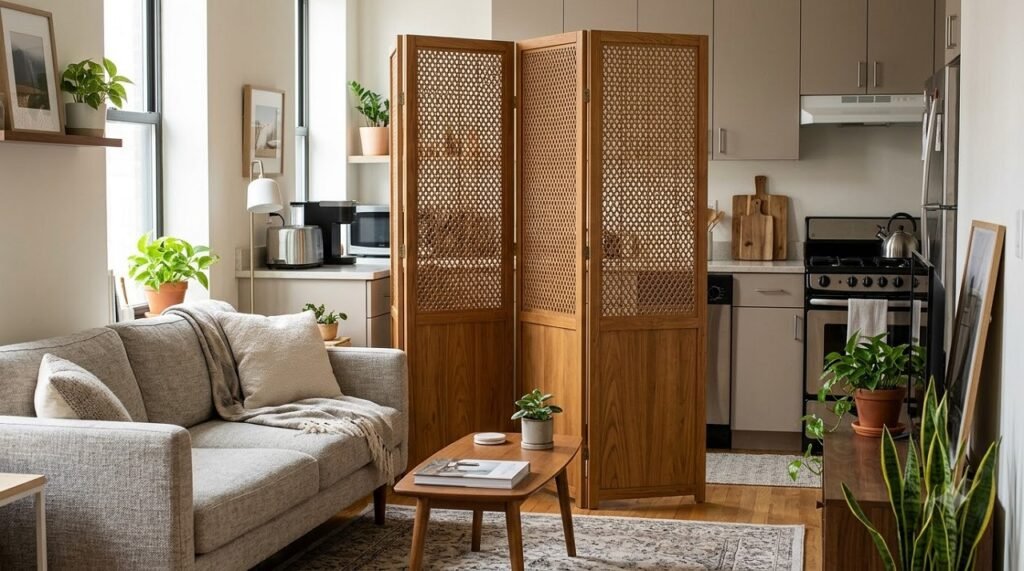 Freestanding wooden folding screen creating a rental-friendly kitchen divider in a studio apartment
