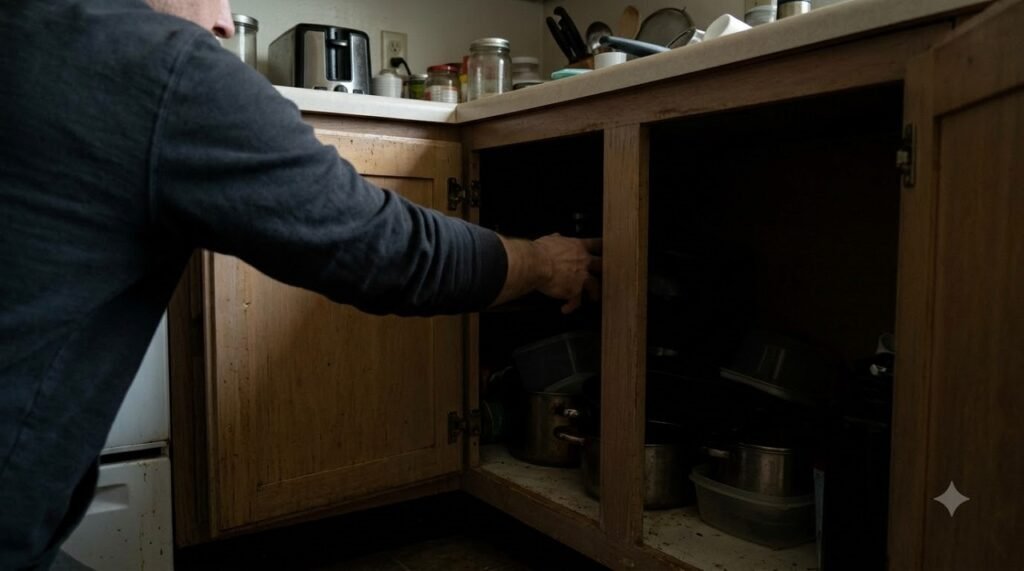 Dark blind corner kitchen cabinet with items pushed far back out of reach