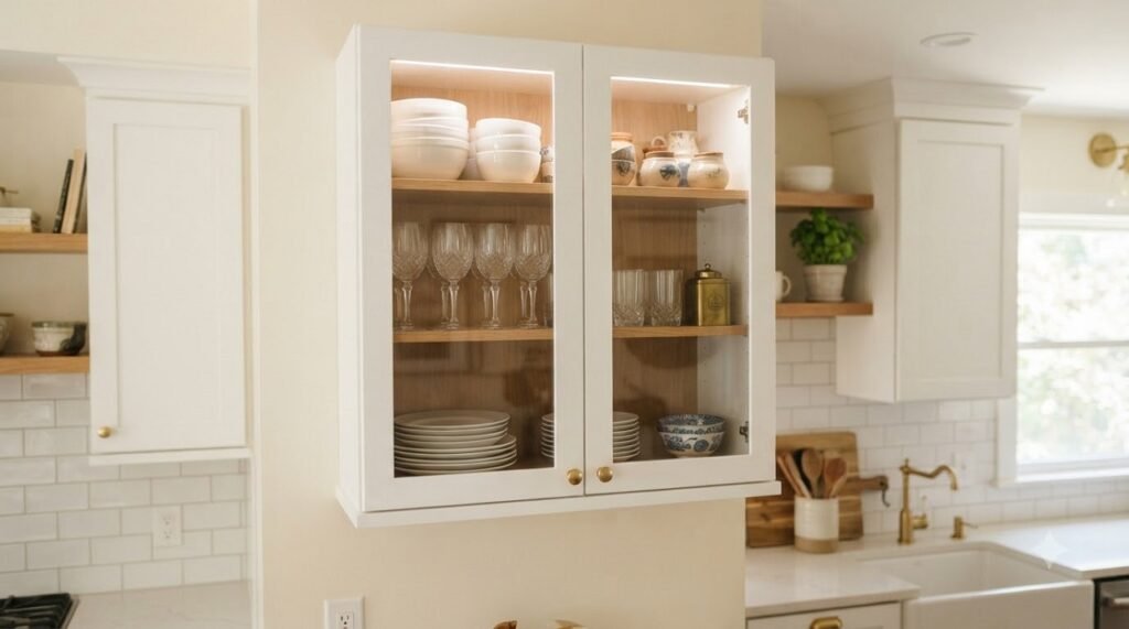 Glass-front cabinet in a small kitchen displaying dishes and glassware while protecting them from dust