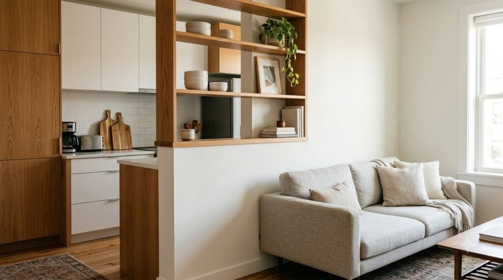 Half-wall topped with open shelving separating a studio kitchen from the living area