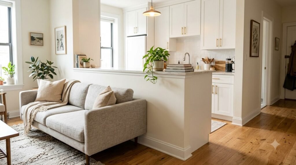Half-wall pony wall separating a studio apartment kitchen from the living area with a stone counter cap