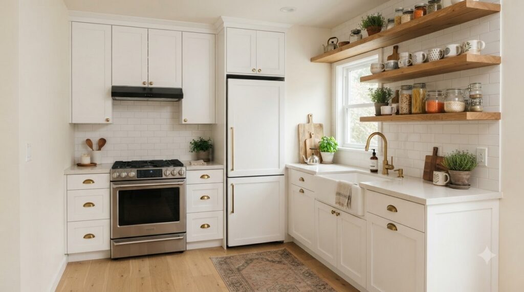 Hybrid kitchen storage with upper cabinets over the stove and open shelving above the sink