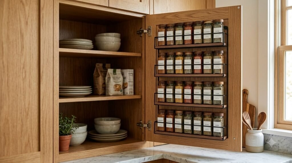 Spice rack mounted on the inside of a kitchen cabinet door doubling the cabinet's storage capacity