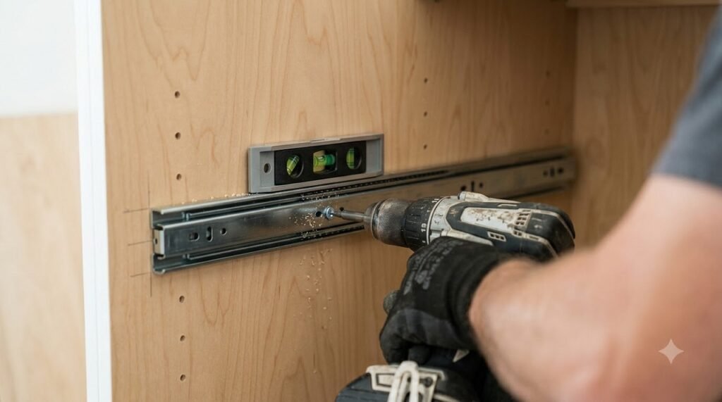  Installing heavy-duty metal drawer slides on the inside wall of a kitchen cabinet for a pull-out pantry