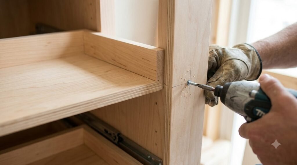 Installing wooden shelves with a back lip inside a custom pull-out pantry frame