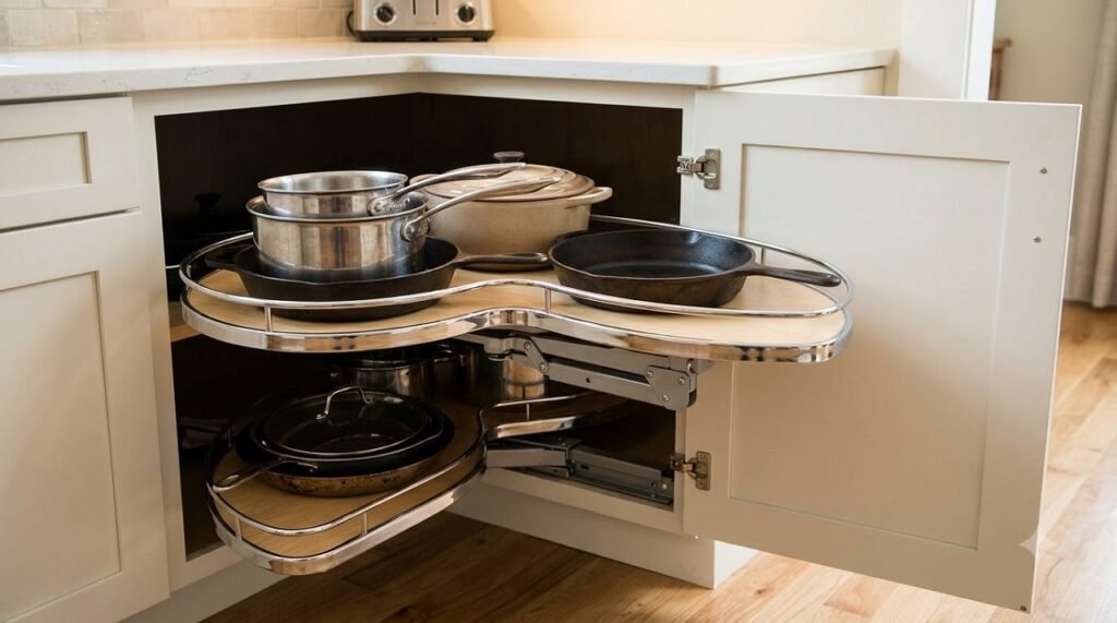 Kidney-shaped pull-out shelf extended from a blind corner kitchen cabinet